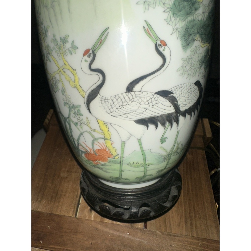Vintage Chinese Porcelain Famille Rose Figural Birds And Landscape  Lamp - Picture 8 of 9